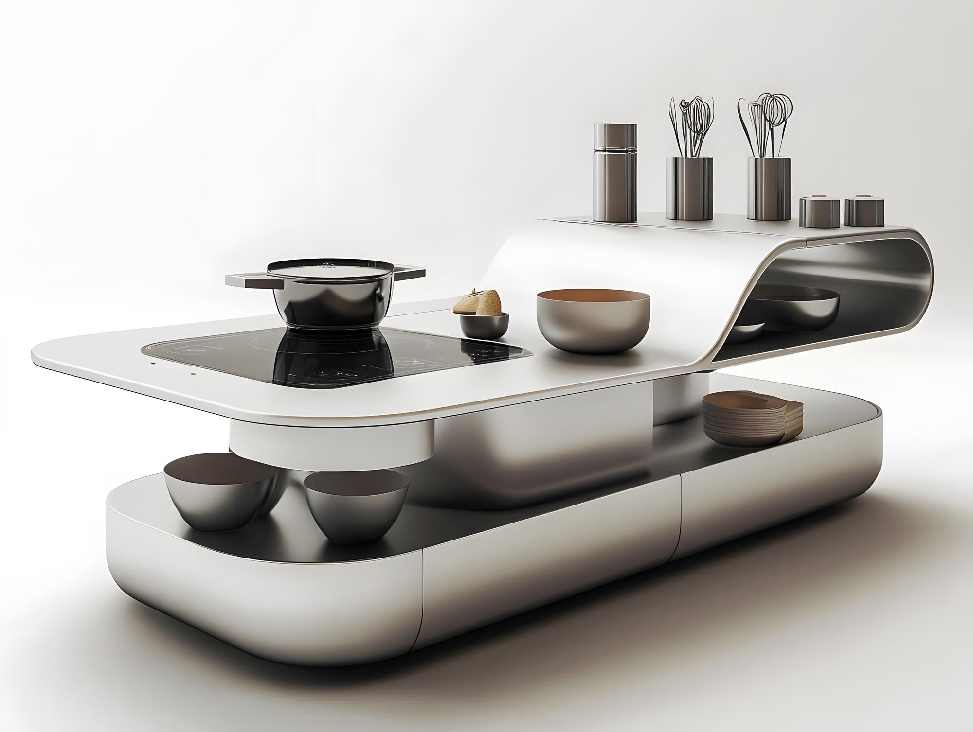 A futuristic kitchen set with smart cooking tools